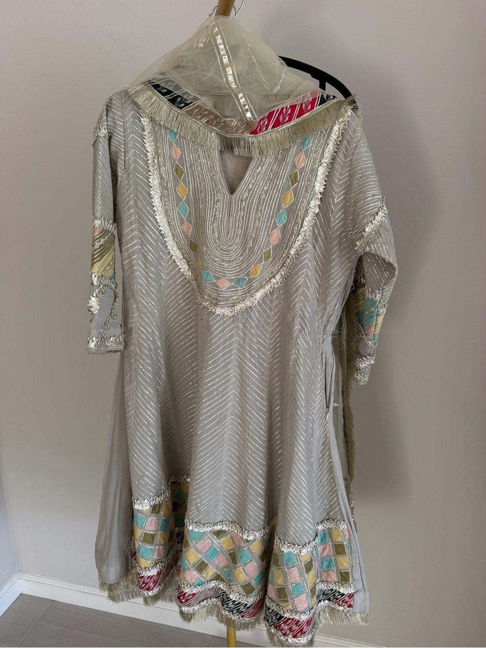 Silver Grey Gota Patti Anarkali Suit 3 Piece Set w/ Dupatta – Size L